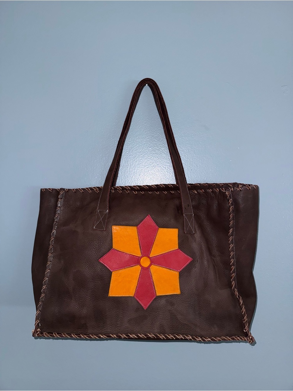 “African Joy” Brown Leather Tote with Orange & Pink Floral Appliqué